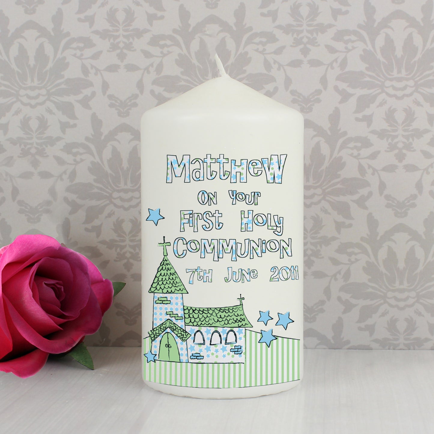 Personalised Whimsical Church Blue 1st Holy Communion Pillar Candle - MK&JD Gifts