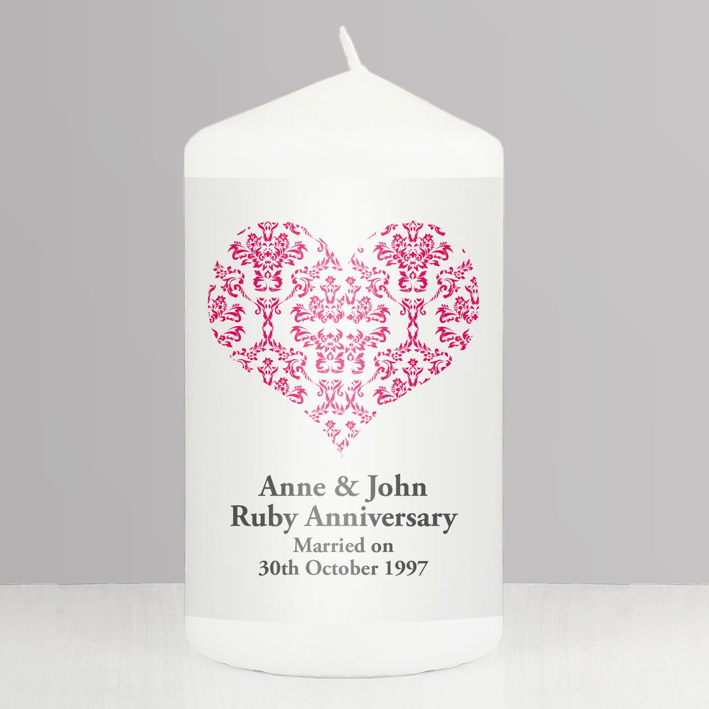Personalised Ruby Damask Heart Pillar Candle - MK&JD Gifts