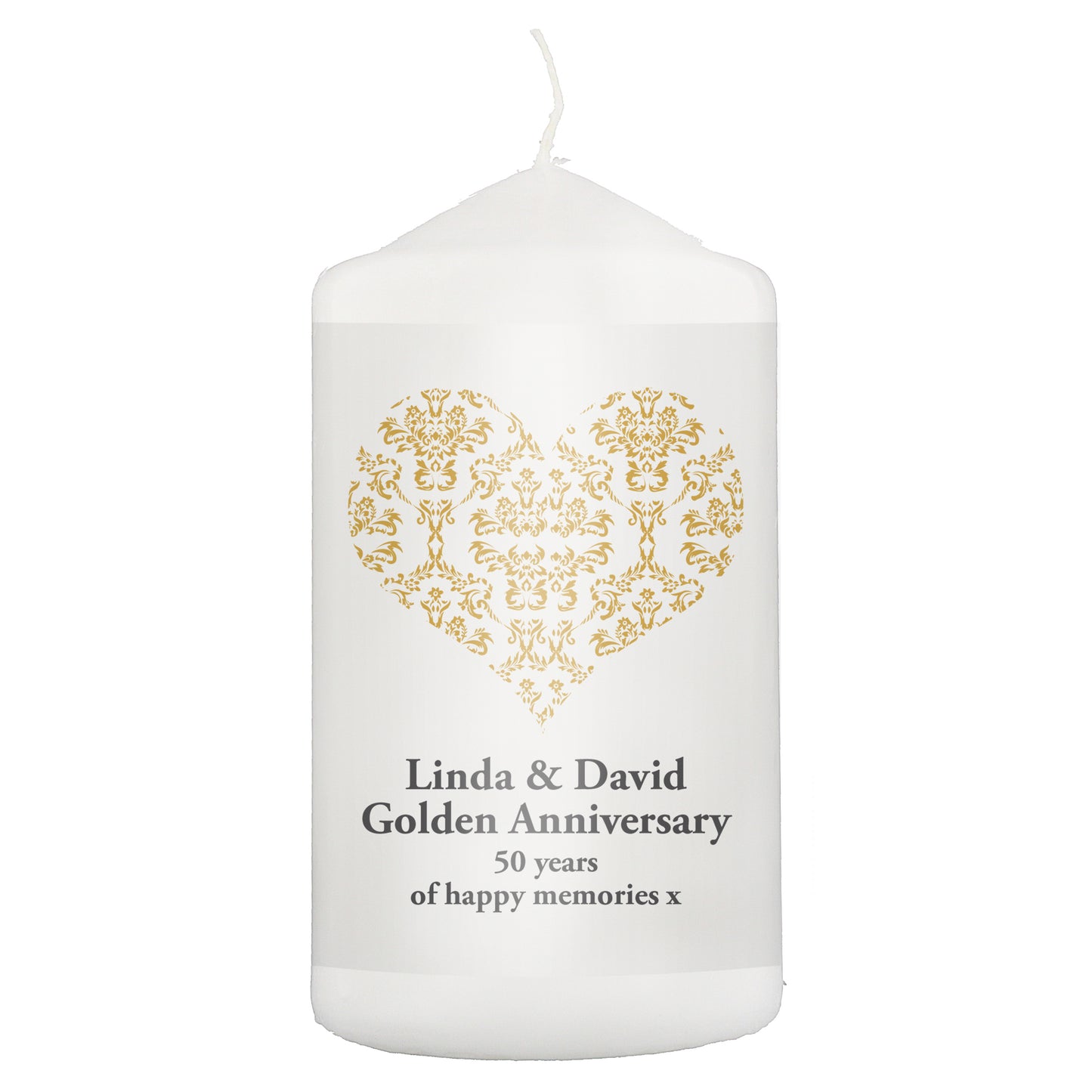 Personalised Gold Damask Heart Pillar Candle - MK&JD Gifts