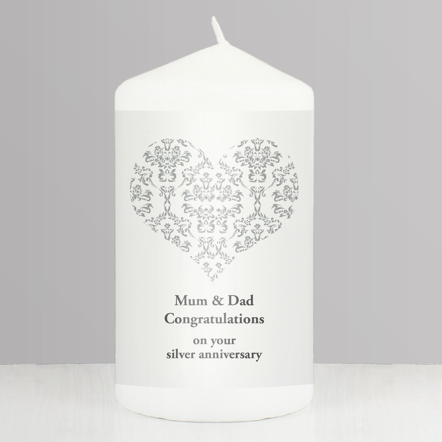 Personalised Silver Damask Heart Pillar Candle - MK&JD Gifts