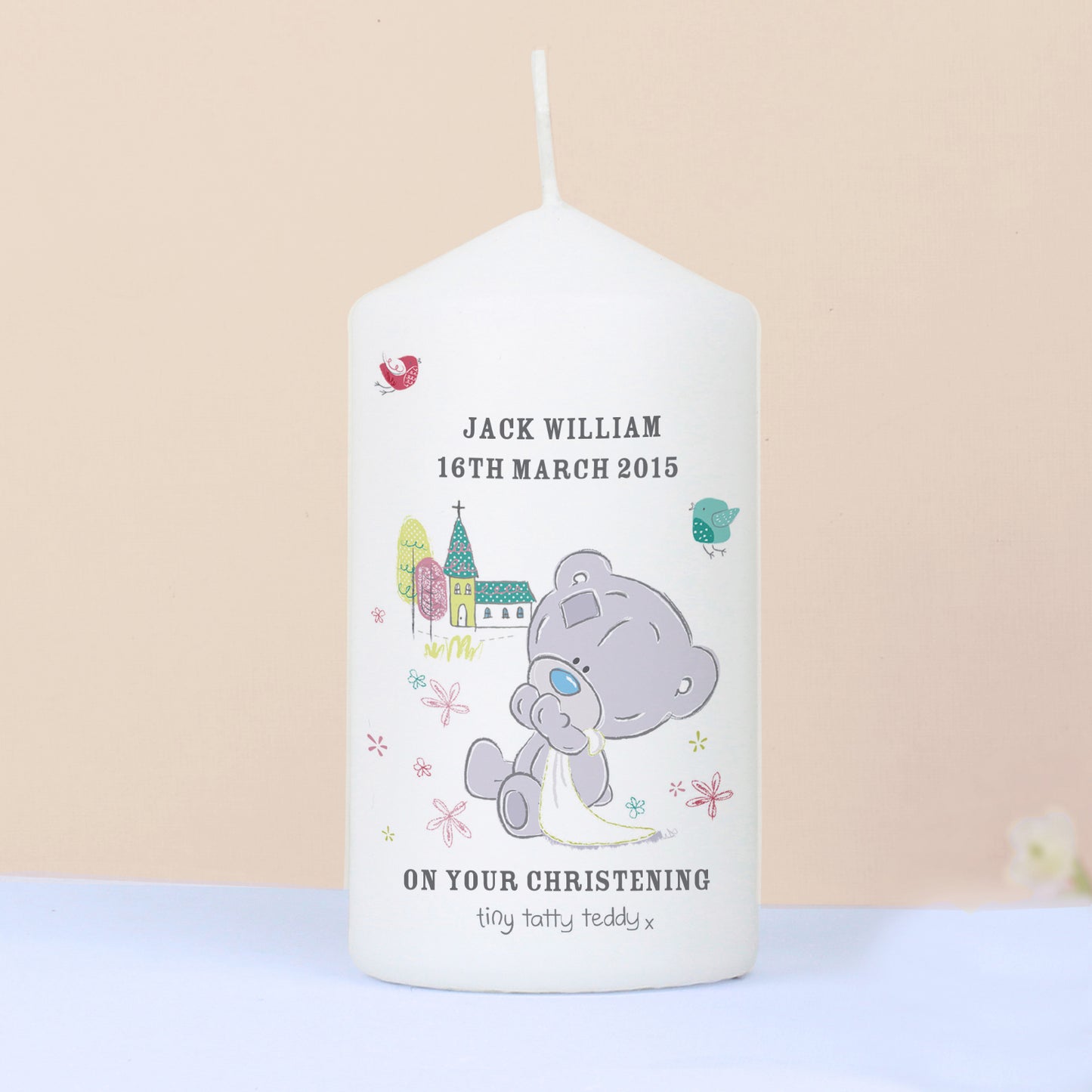 Personalised Tiny Tatty Teddy Christening Pillar Candle - MK&JD Gifts