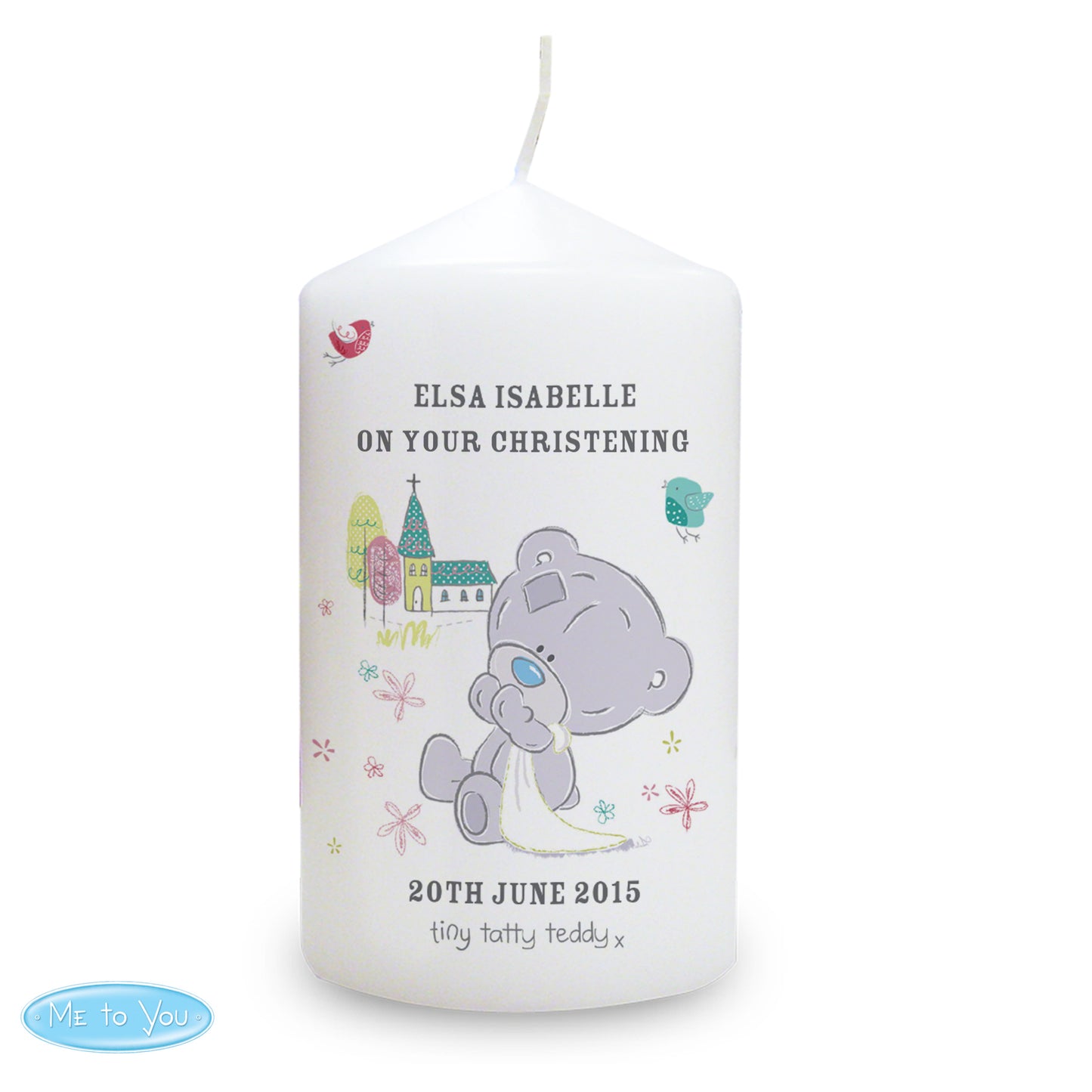 Personalised Tiny Tatty Teddy Christening Pillar Candle - MK&JD Gifts
