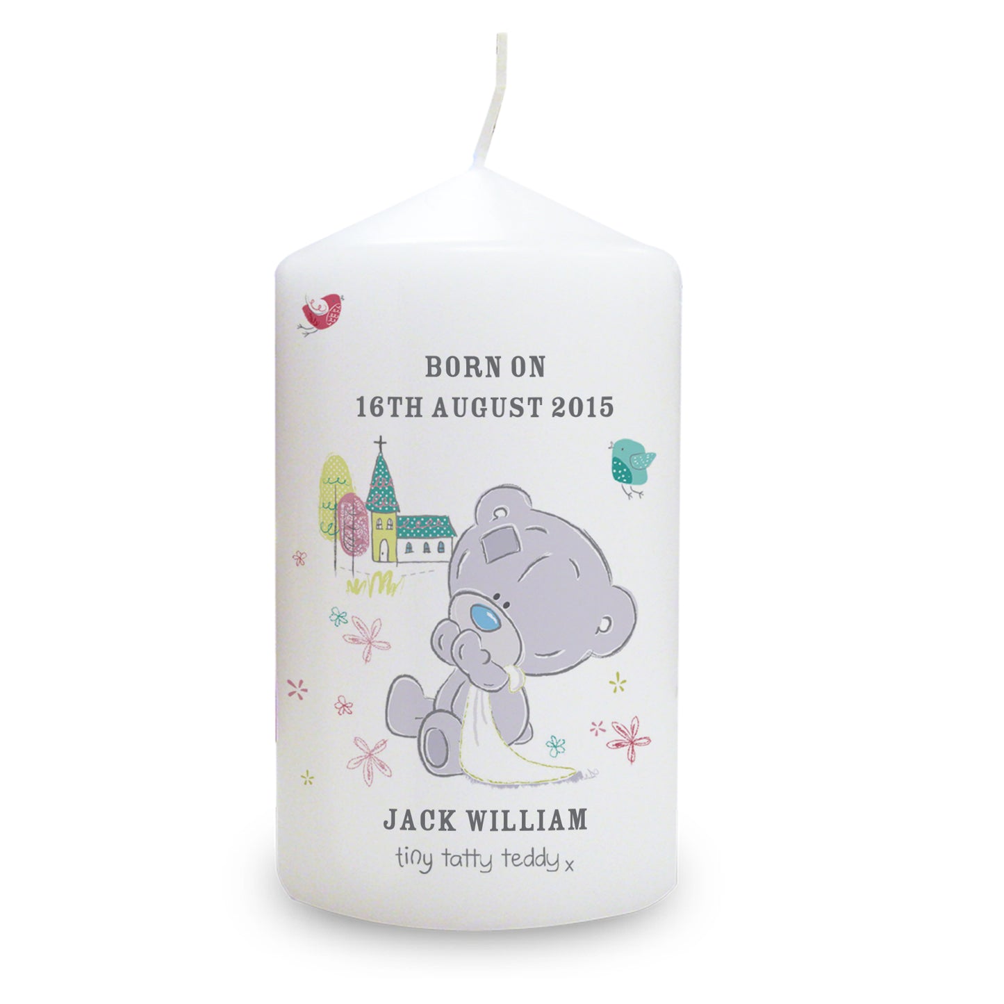 Personalised Tiny Tatty Teddy Christening Pillar Candle - MK&JD Gifts