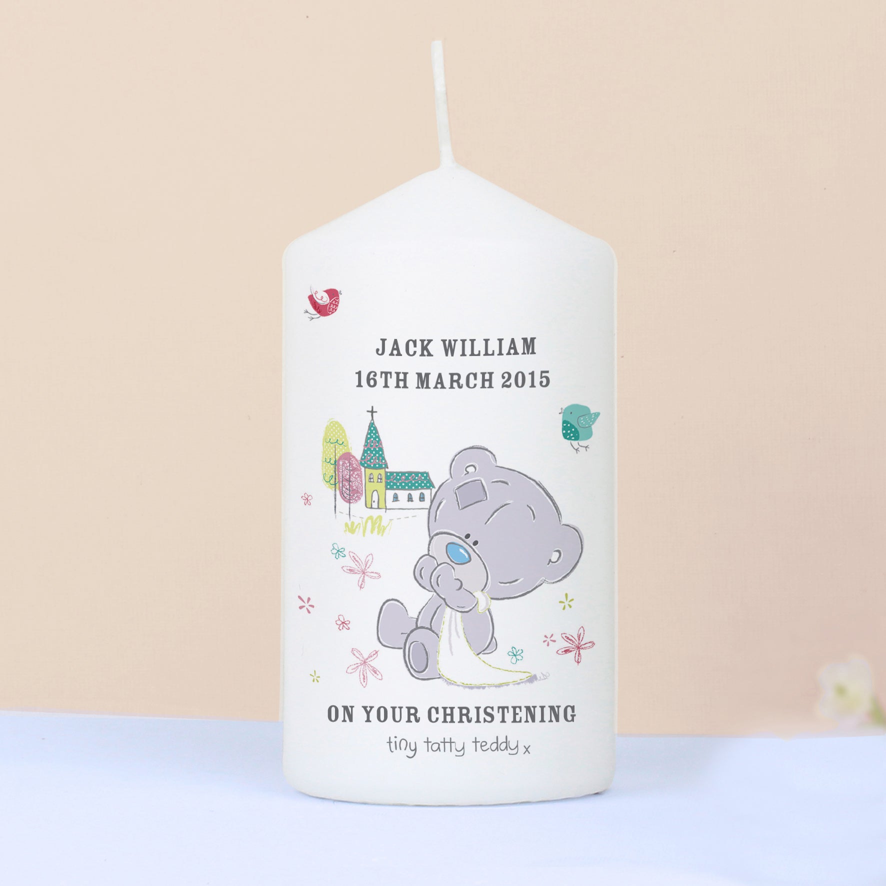 Personalised Tiny Tatty Teddy Christening Pillar Candle - MK&JD Gifts