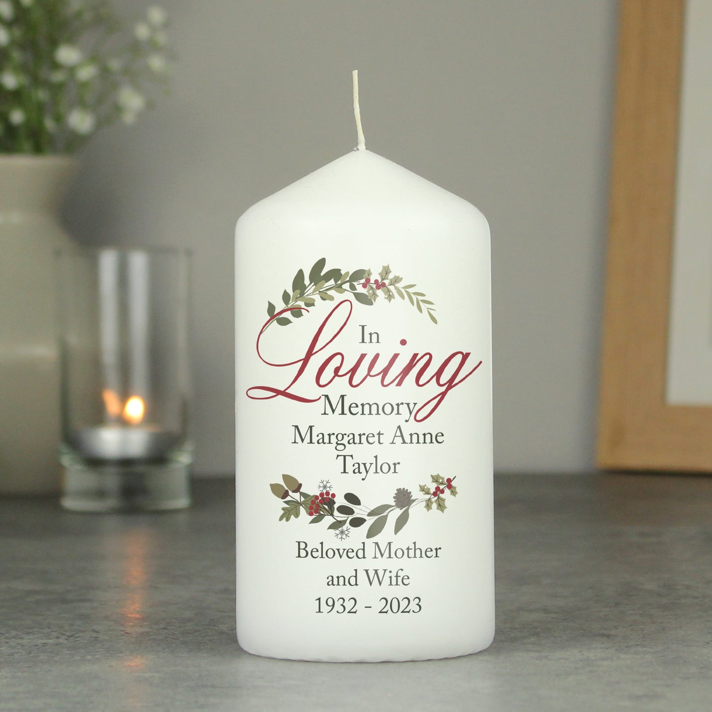 Personalised In Loving Memory Wreath Pillar Candle - MK&JD Gifts
