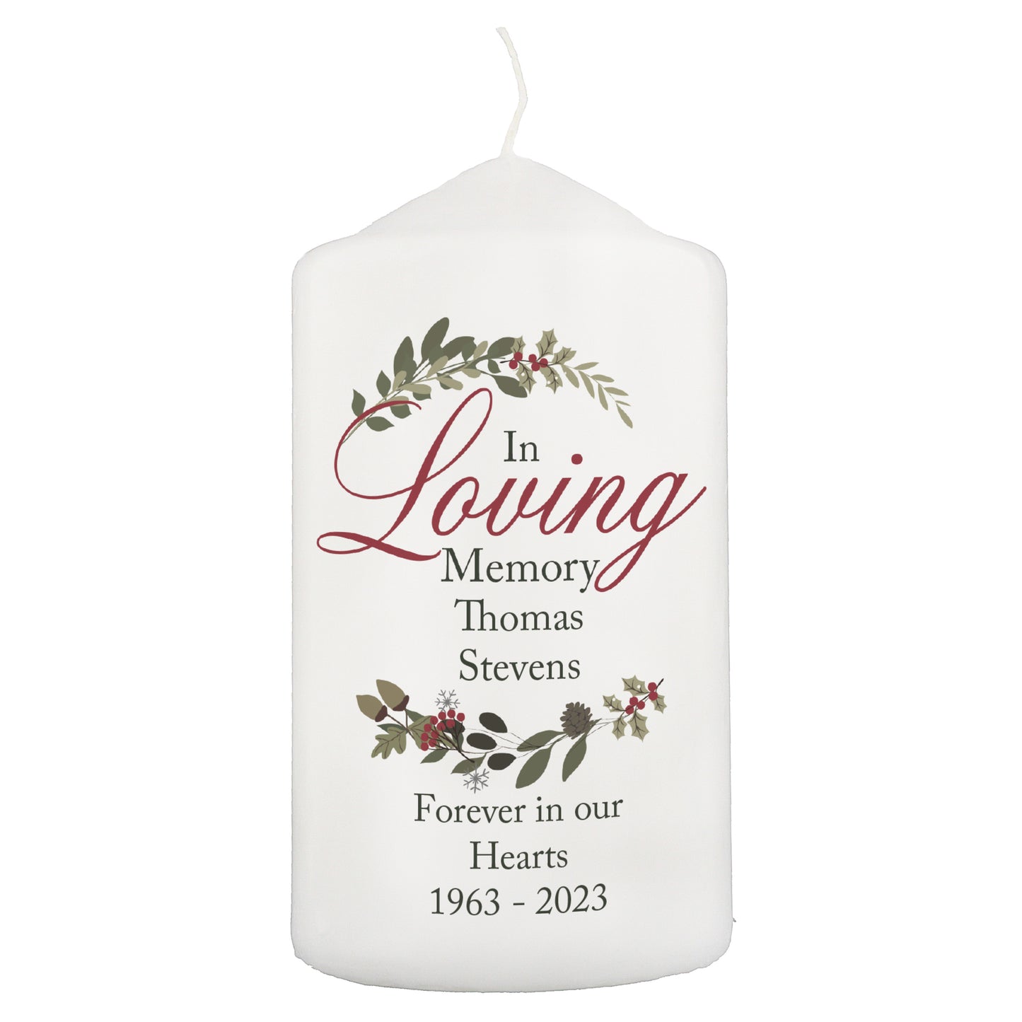 Personalised In Loving Memory Wreath Pillar Candle - MK&JD Gifts