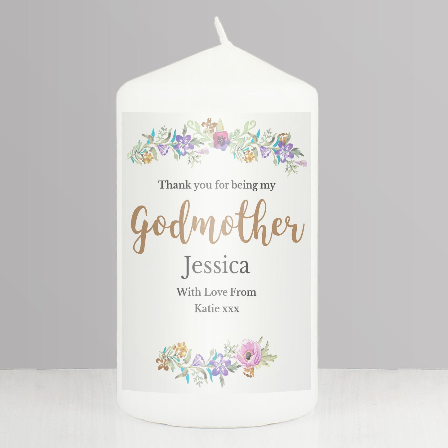 Personalised Godmother 'Floral Watercolour' Pillar Candle - MK&JD Gifts