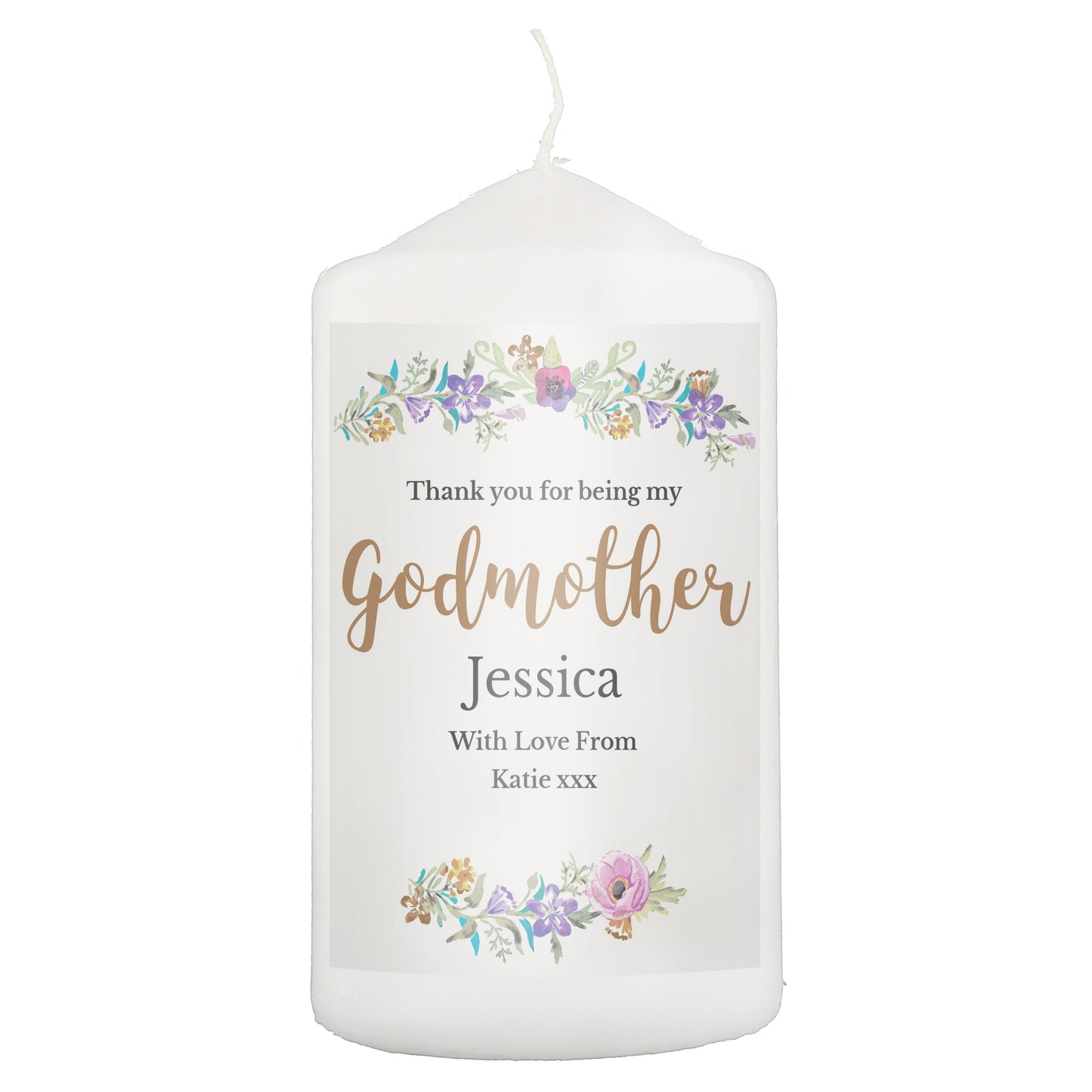 Personalised Godmother 'Floral Watercolour' Pillar Candle - MK&JD Gifts