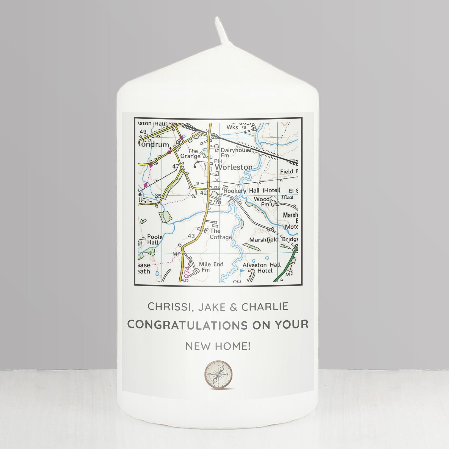 Personalised Present Day Map Compass Pillar Candle - MK&JD Gifts
