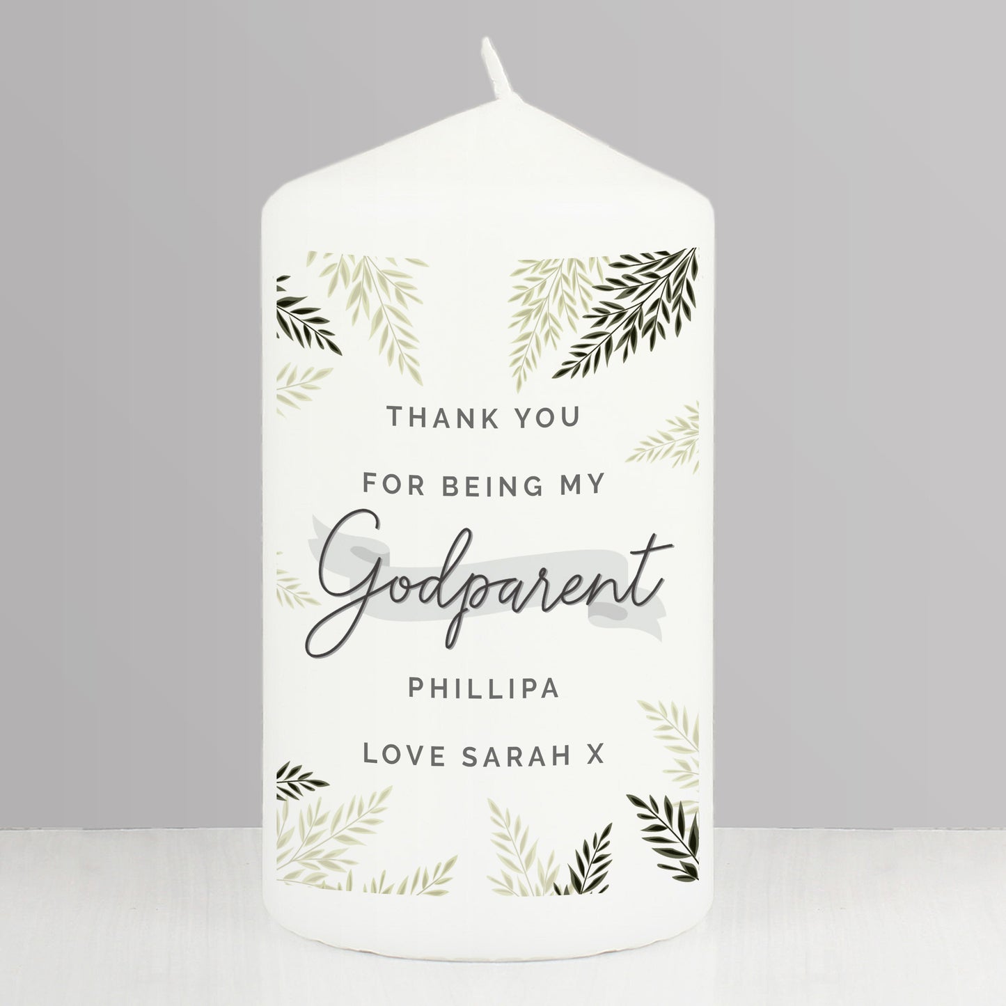 Personalised Godparent Leaves Pillar Candle - MK&JD Gifts