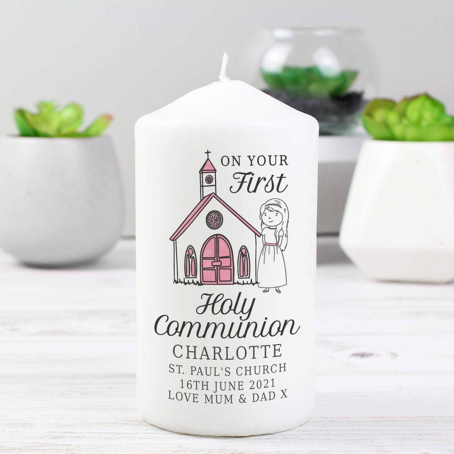 Personalised Girls First Holy Communion Pillar Candle - MK&JD Gifts
