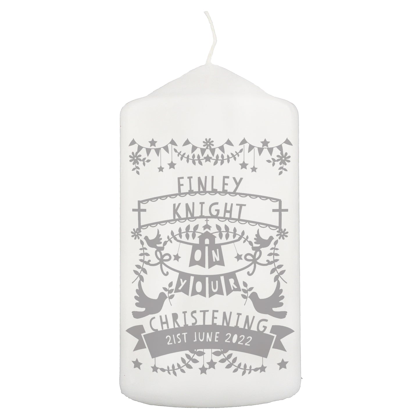 Personalised Grey Papercut Style Pillar Candle - MK&JD Gifts