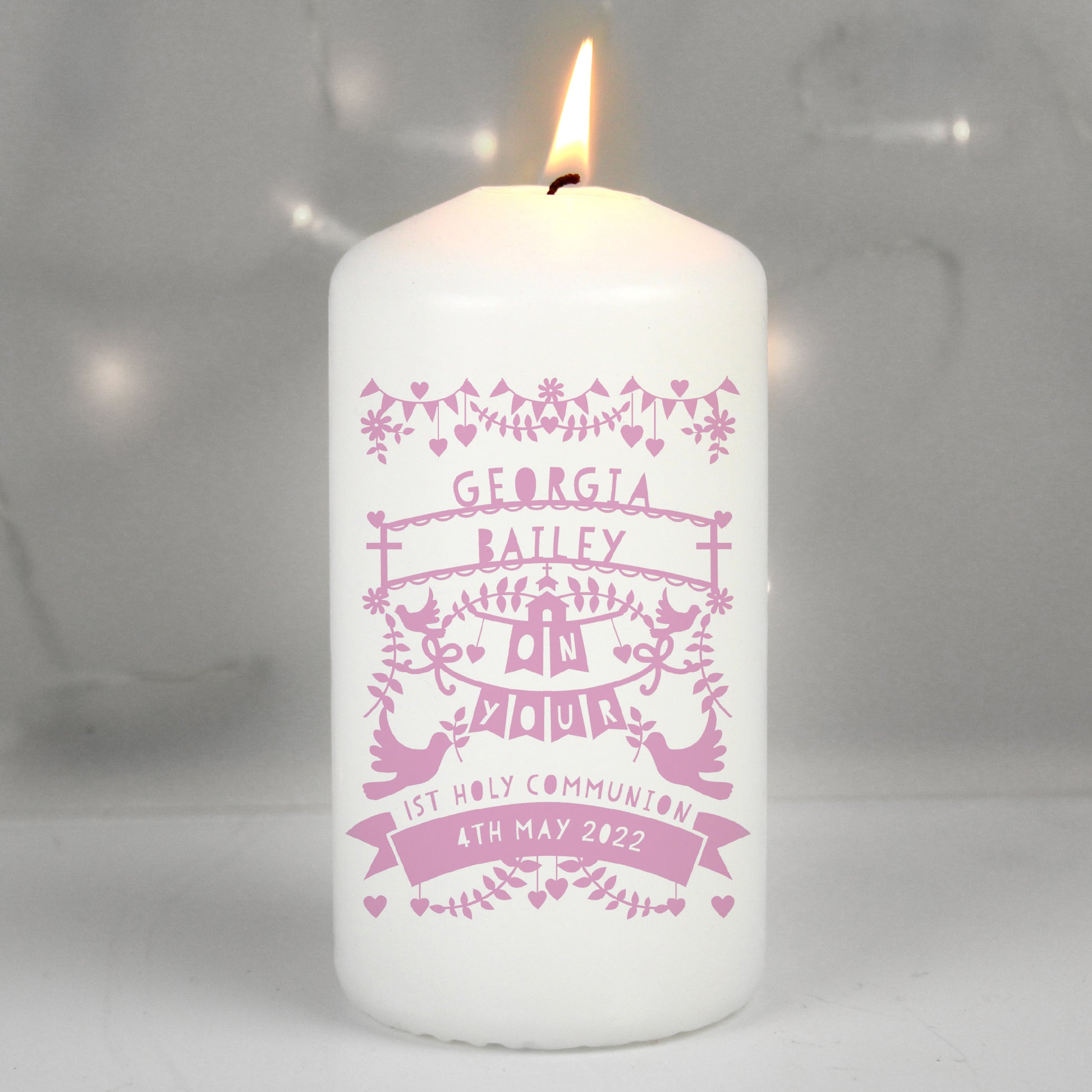 Personalised Pink Papercut Style Pillar Candle - MK&JD Gifts