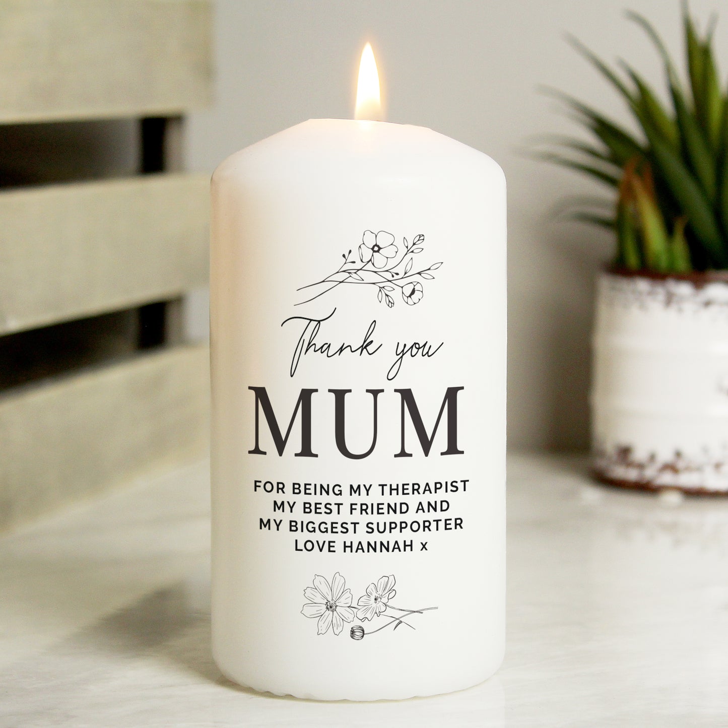 Personalised Fineline Floral Pillar Candle - MK&JD Gifts