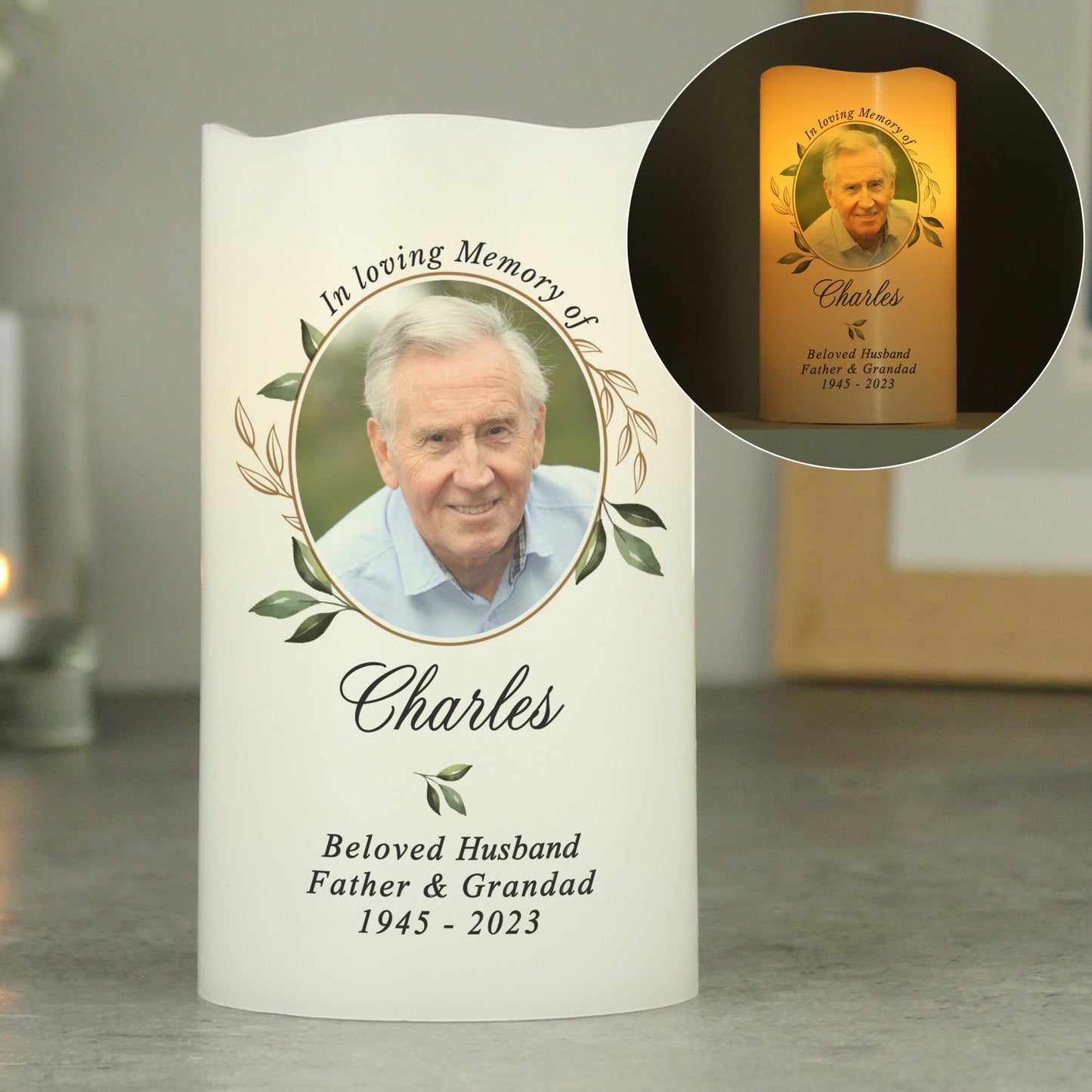 Personalised Botanical Memorial Photo Upload LED Candle - MK&JD Gifts