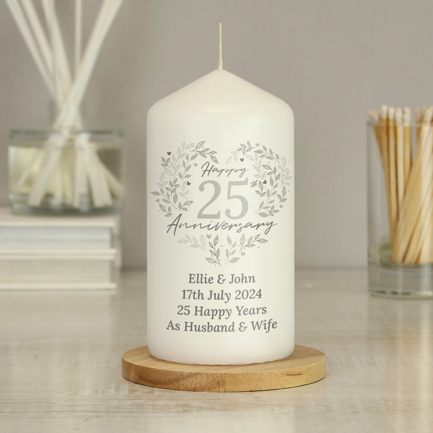 Personalised 25th Silver Wedding Anniversary Pillar Candle - MK&JD Gifts