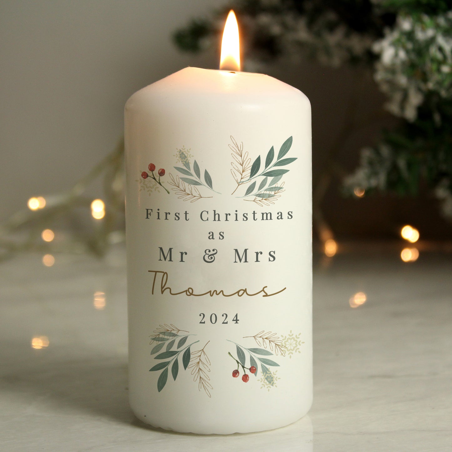 Personalised Christmas Foliage Pillar Candle - MK&JD Gifts