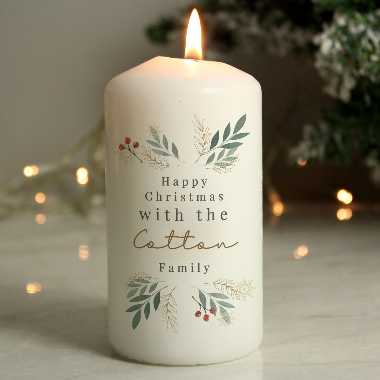 Personalised Christmas Foliage Pillar Candle - MK&JD Gifts