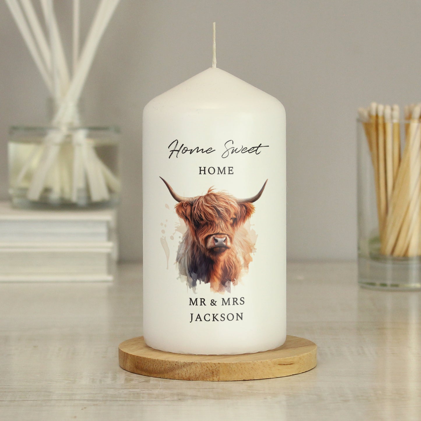 Personalised Highland Cow Pillar Candle - MK&JD Gifts