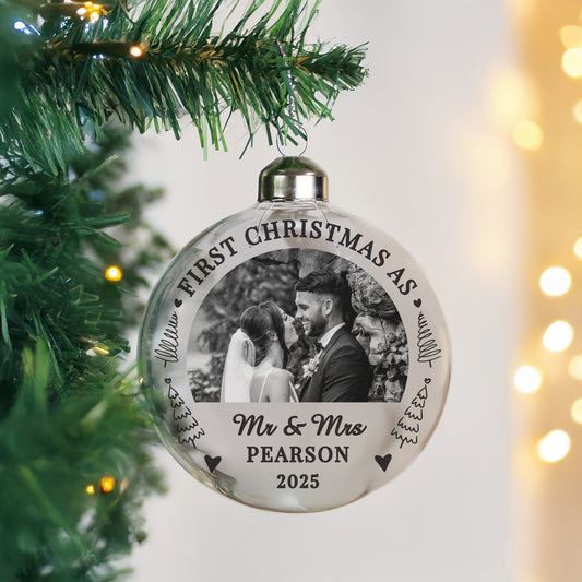 Personalised First Married Christmas Photo Upload Glass Bauble - MK&JD Gifts