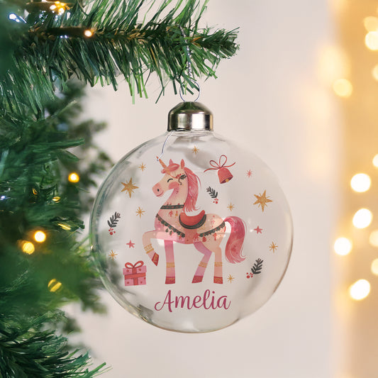Personalised Unicorn Christmas Glass Bauble - MK&JD Gifts