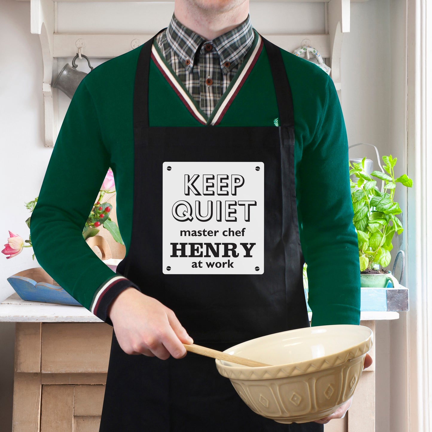Personalised Keep Quiet Black Apron - MK&JD Gifts