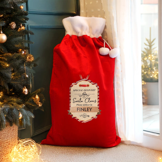 Personalised Special Delivery Luxury Pom Pom Red Sack - MK&JD Gifts