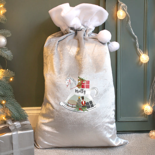 Personalised Rocking Horse Luxury Silver Grey Pom Pom Sack - MK&JD Gifts
