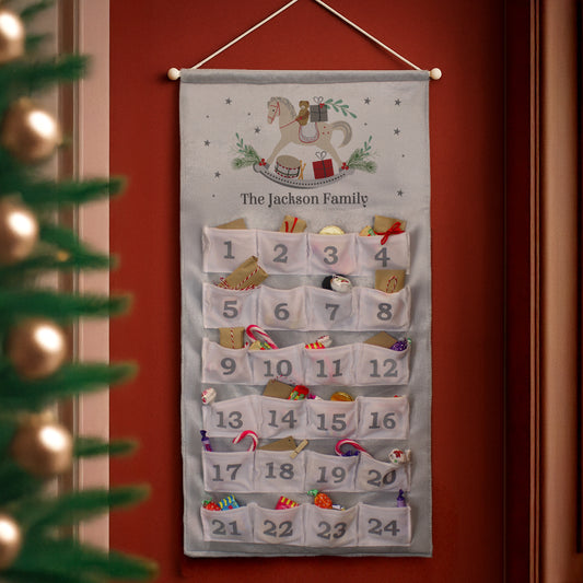 Personalised Rocking Horse Advent Calendar In Silver Grey - MK&JD Gifts