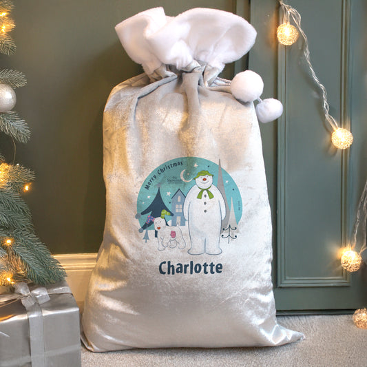 Personalised The Snowman and the Snowdog Luxury Silver Grey Pom Pom Sack - MK&JD Gifts
