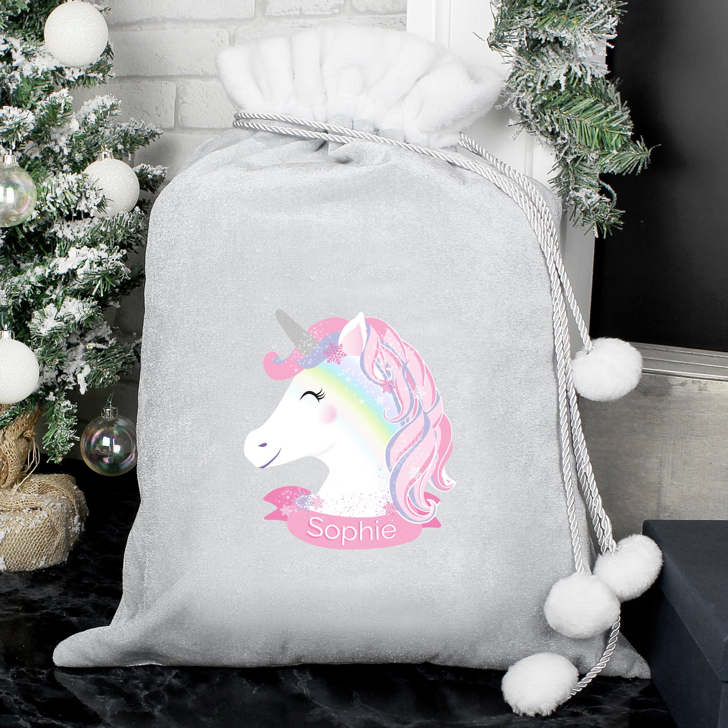 Personalised Christmas Unicorn Luxury Silver Grey Pom Pom Sack - MK&JD Gifts