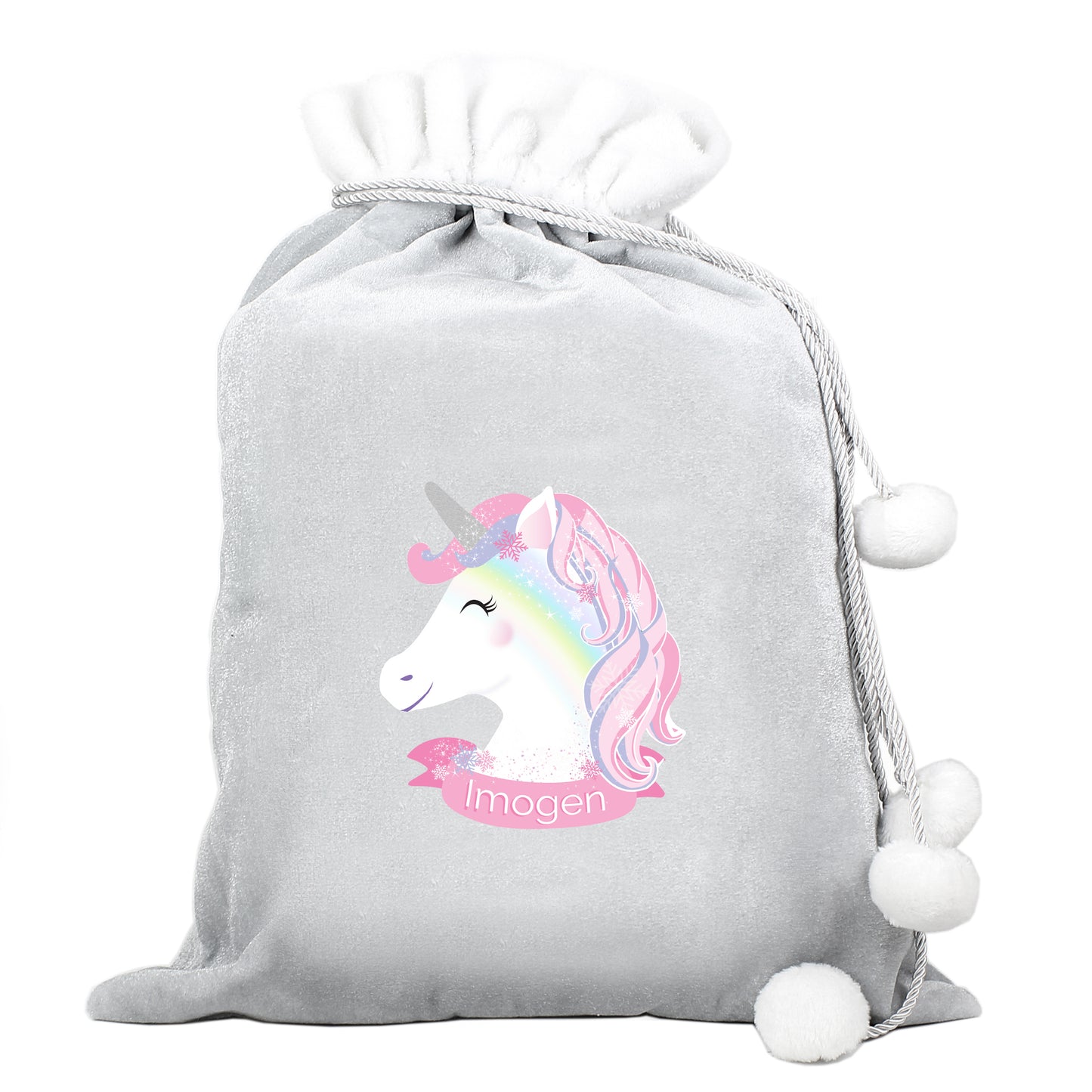 Personalised Christmas Unicorn Luxury Silver Grey Pom Pom Sack - MK&JD Gifts