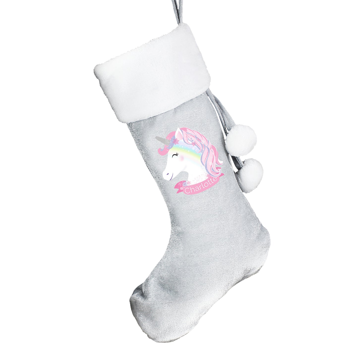 Personalised Christmas Unicorn Luxury Silver Grey Stocking - MK&JD Gifts