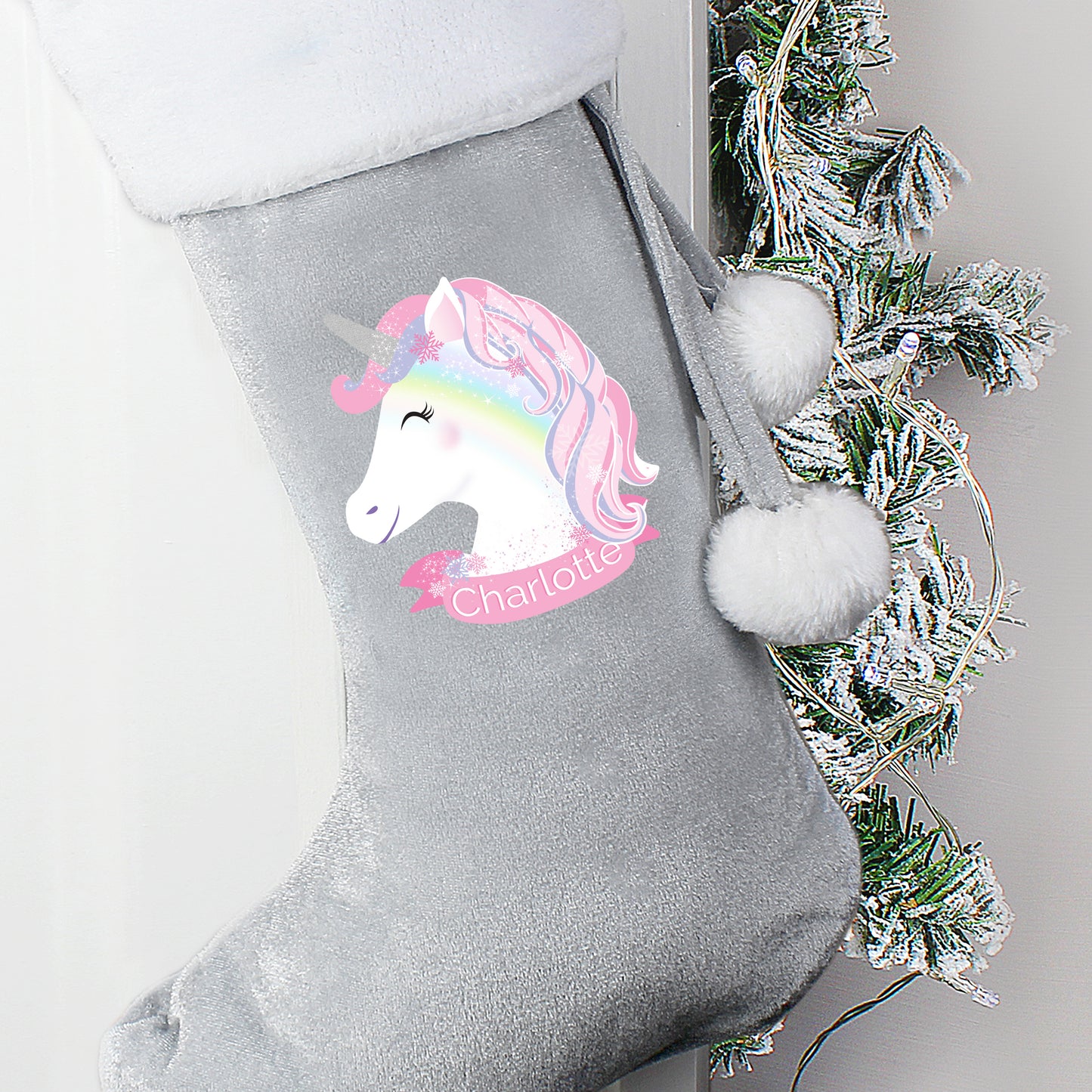 Personalised Christmas Unicorn Luxury Silver Grey Stocking - MK&JD Gifts