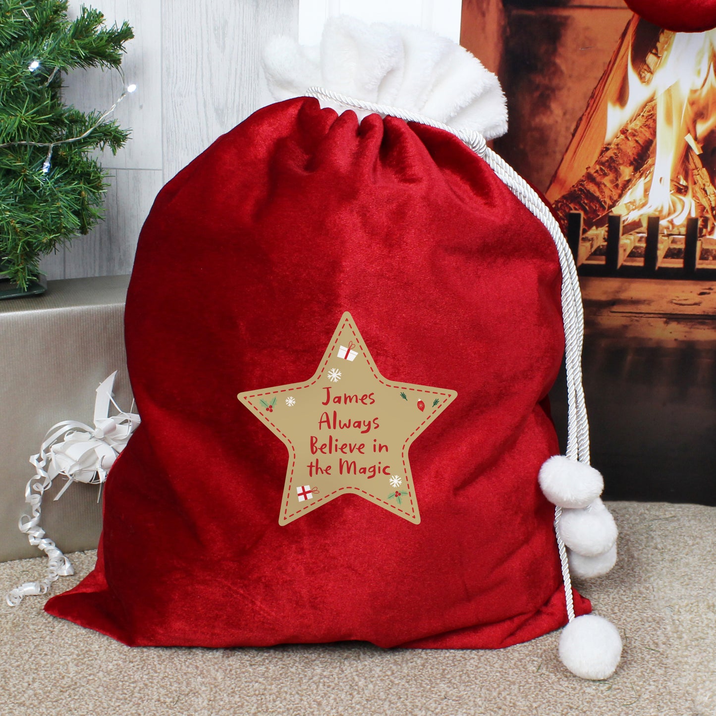Personalised Free Text Star Luxury Pom Pom Red Sack - MK&JD Gifts
