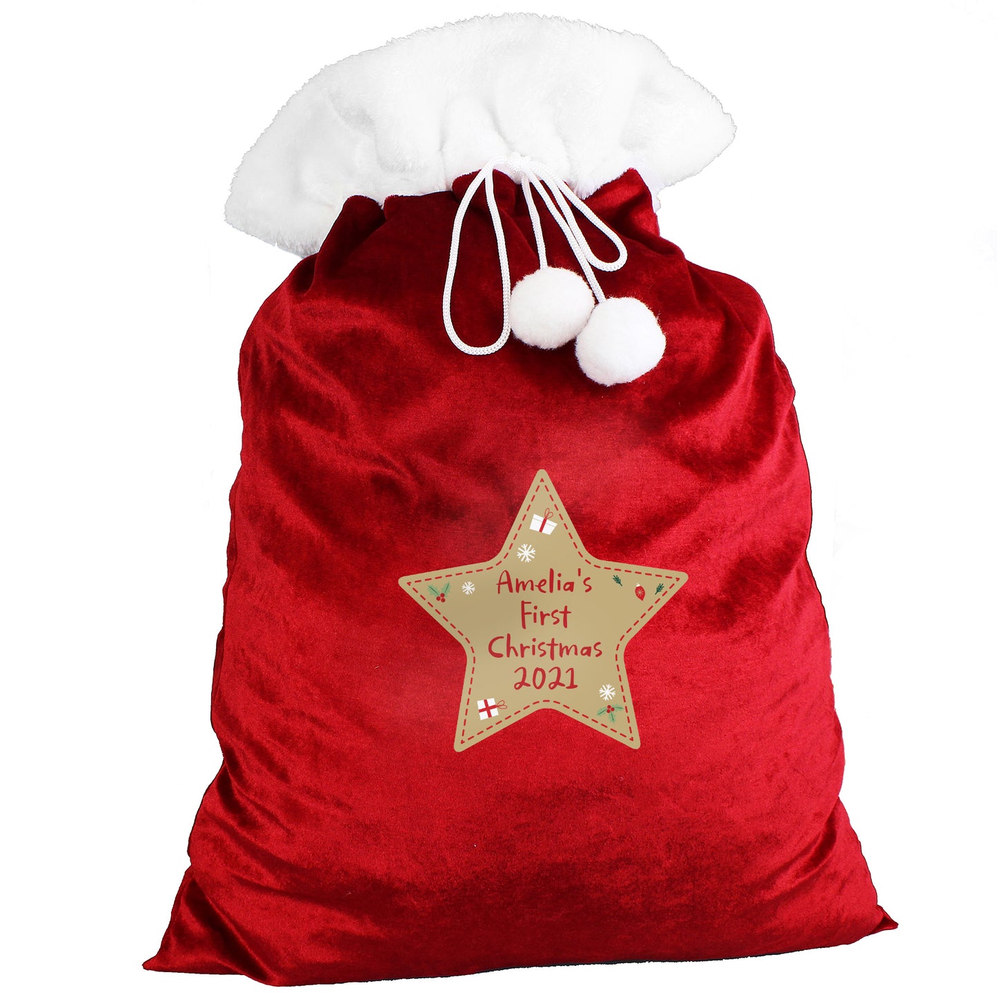 Personalised Free Text Star Luxury Pom Pom Red Sack - MK&JD Gifts