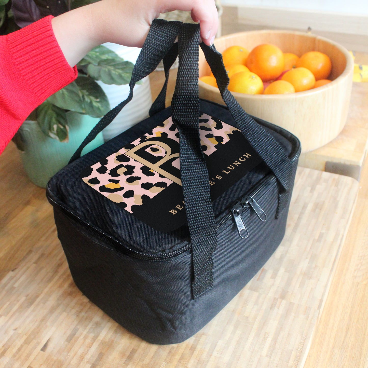 Personalised Leopard Print Black Lunch Bag - MK&JD Gifts