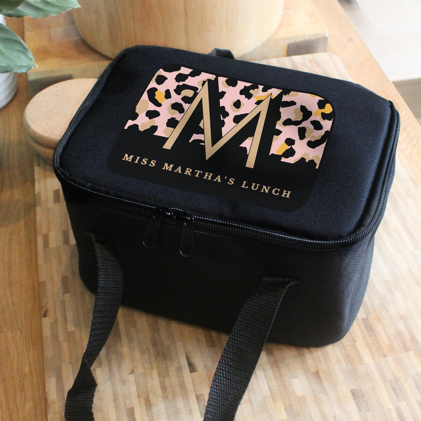 Personalised Leopard Print Black Lunch Bag - MK&JD Gifts