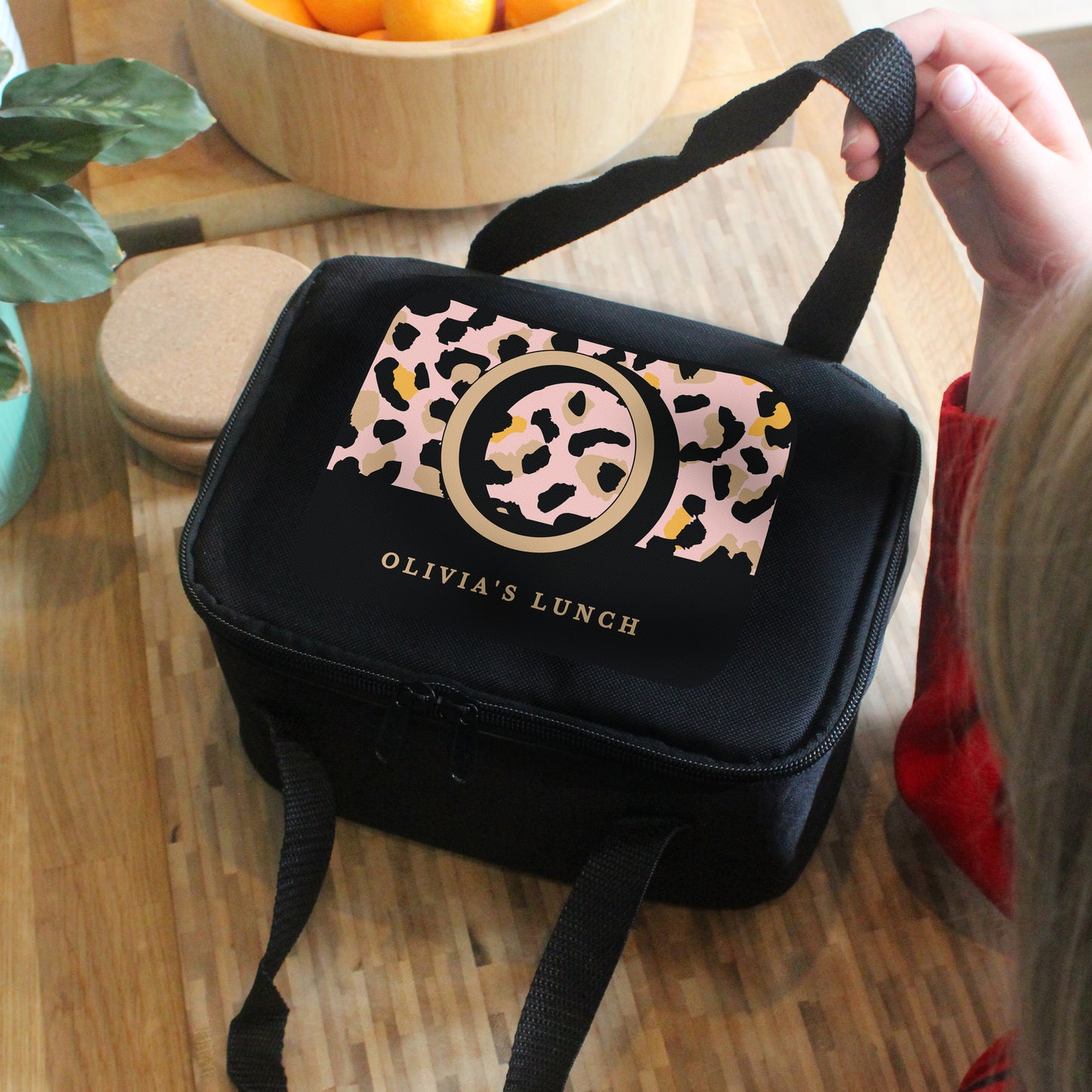 Personalised Leopard Print Black Lunch Bag - MK&JD Gifts