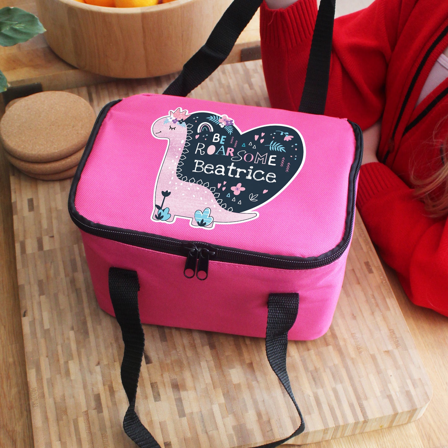 Personalised Dinosaur Pink Lunch Bag - MK&JD Gifts