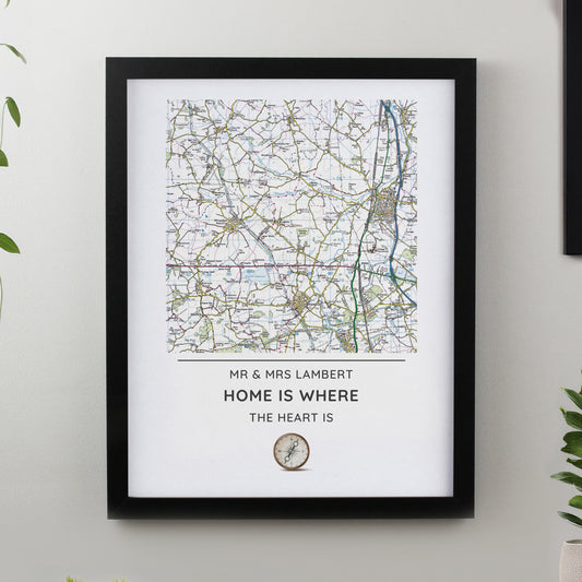 Personalised Present Day Map Compass Black Poster Frame - MK&JD Gifts