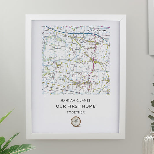 Personalised Present Day Map Compass White Poster Frame - MK&JD Gifts