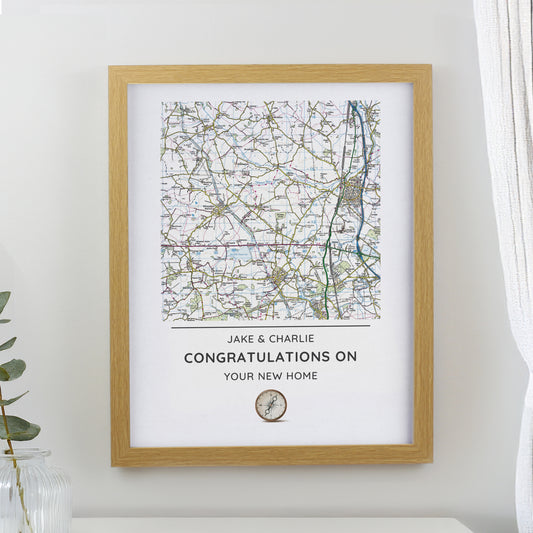 Personalised Present Day Map Compass Oak Poster Frame - MK&JD Gifts