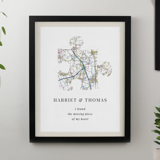 Personalised Present Day Map Puzzle Piece Black Poster Frame - MK&JD Gifts