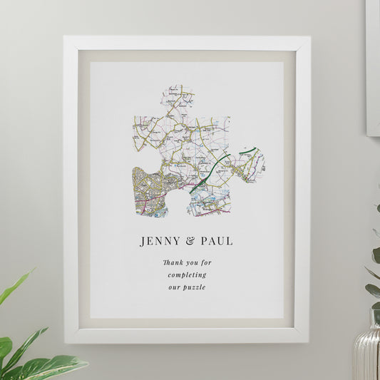 Personalised Present Day Map Puzzle Piece White Poster Frame - MK&JD Gifts