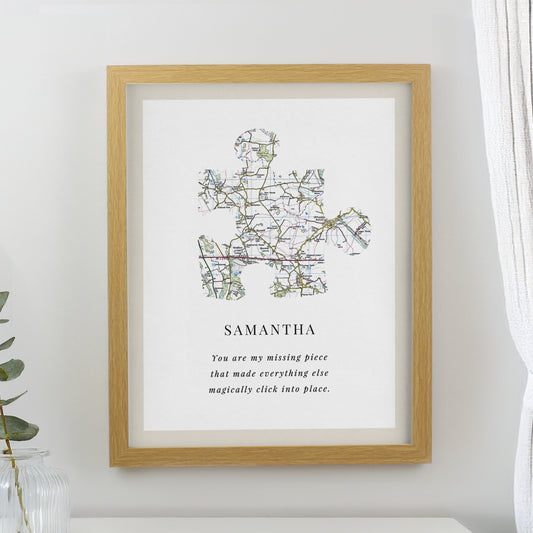 Personalised Present Day Map Puzzle Piece Oak Poster Frame - MK&JD Gifts