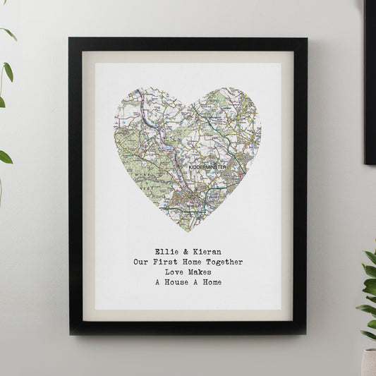 Personalised Present Day Map Heart Black Poster Frame - MK&JD Gifts