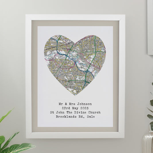 Personalised Present Day Map Heart White Poster Frame - MK&JD Gifts
