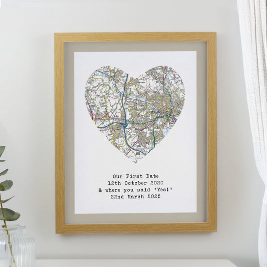 Personalised Present Day Map Heart Oak Poster Frame - MK&JD Gifts