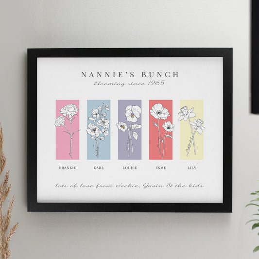 Personalised Birth Flower Family of 5 Black Framed Print - MK&JD Gifts